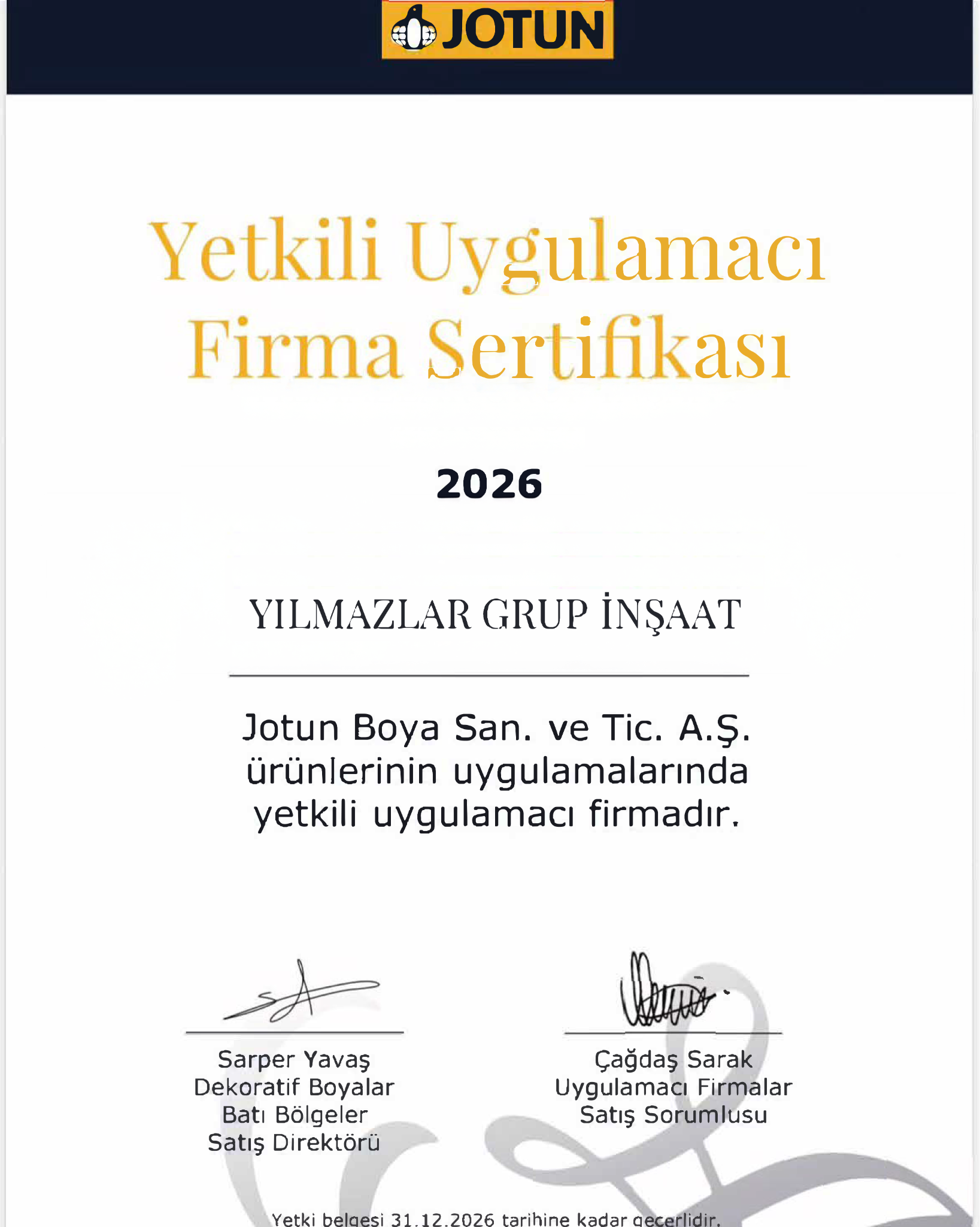 Yılmazlar Grup İnşaat Jotun Yetkili Uygulamacı Firma Sertifikası 2026