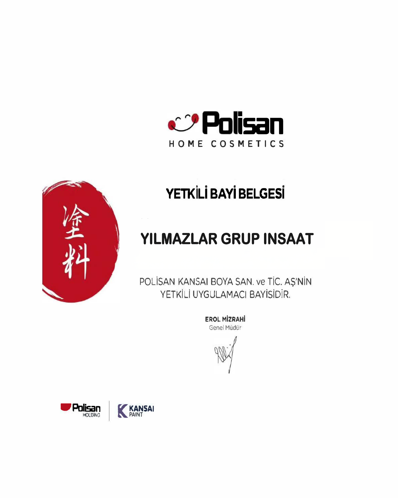 Yılmazlar Grup İnşaat Polisan Yetkili Bayi Belgesi
